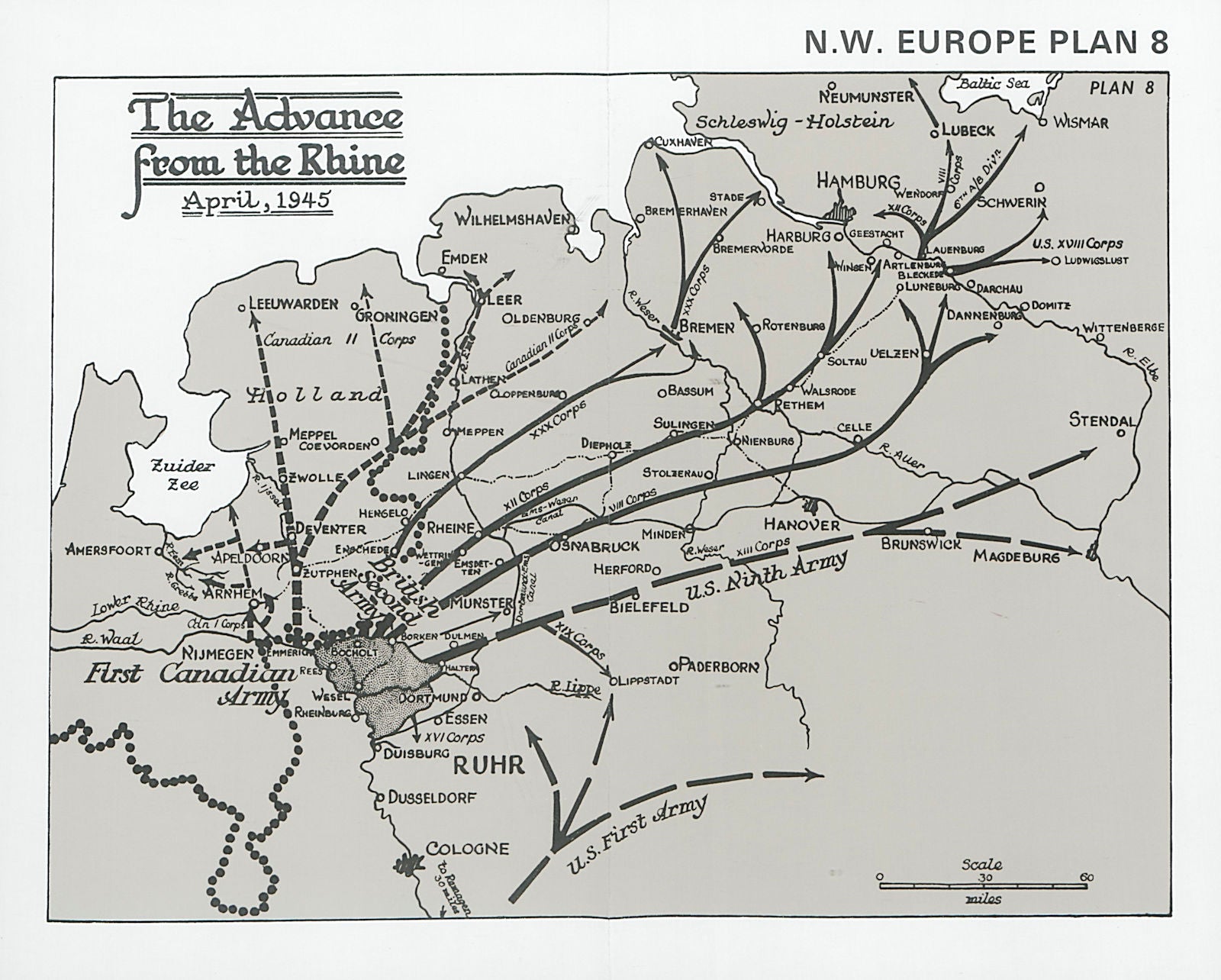 Advance from the Rhine, April 1945. Defeat of Germany. World War Two 1994 map